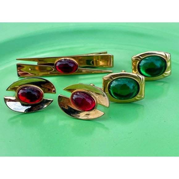 Vintage Lot 1960s Cufflinks Red/Green Lucite Tie Clip - Picture 1 of 13